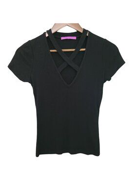Jac Parker Mixology Ribbed Crisscross V-Neck Short Sleeve Top Size Small Black